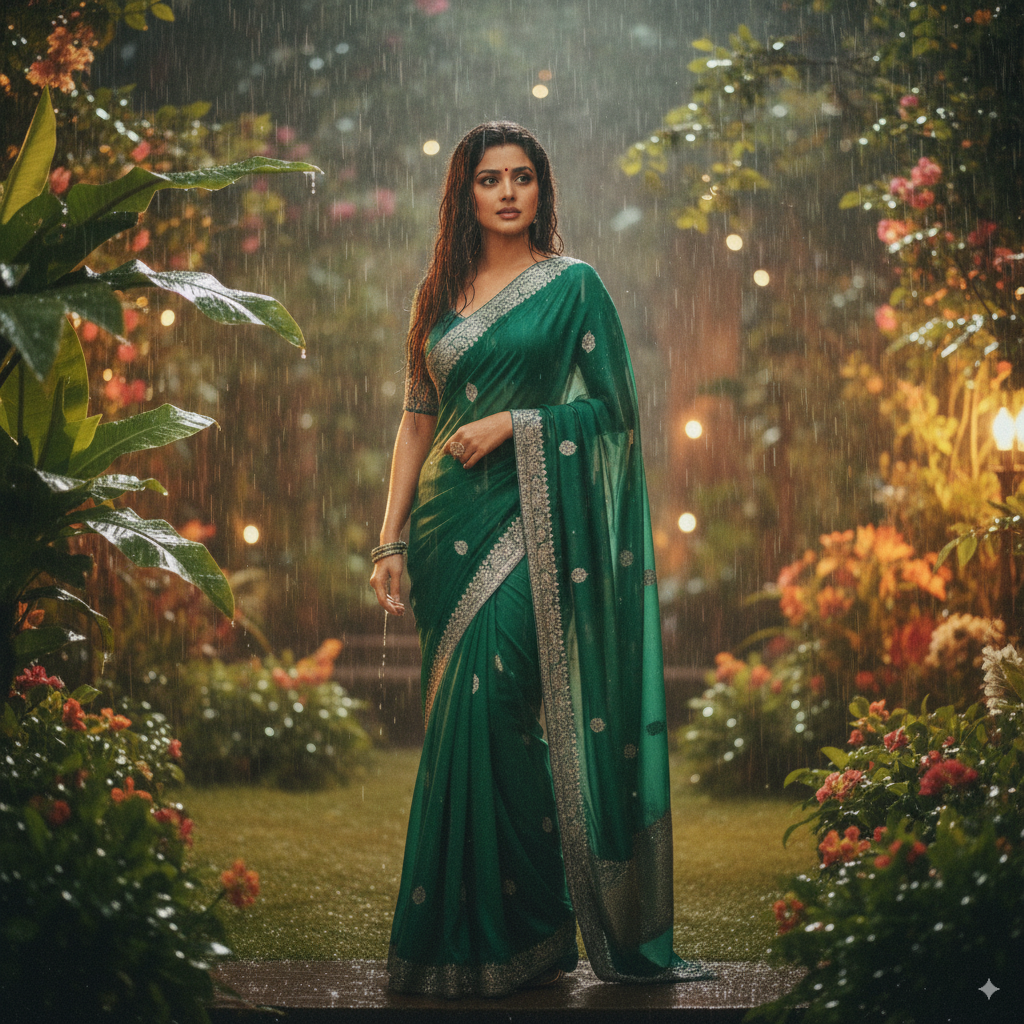 Generate a rainy-day Bollywood romance: person in a green chiffon saree in a garden, warm lighting and blurred background.